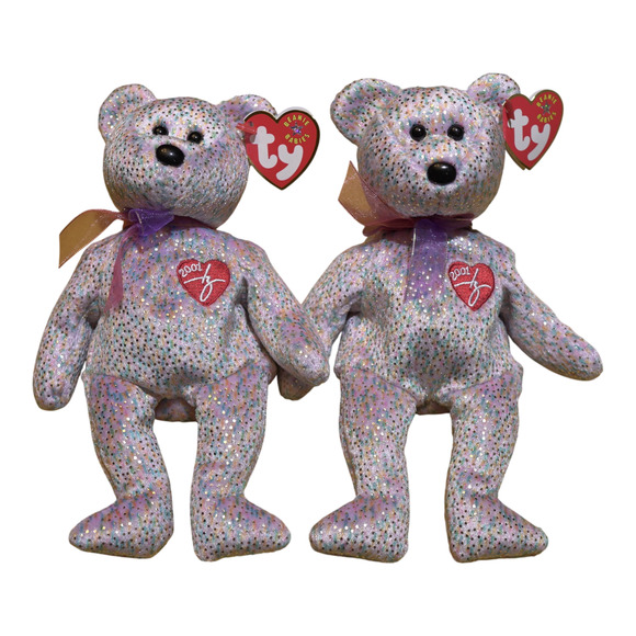 VTG TY Beanie Babies 2001 Signature Bear Glitter Pink MWMT Retired Collectible - Picture 1 of 7
